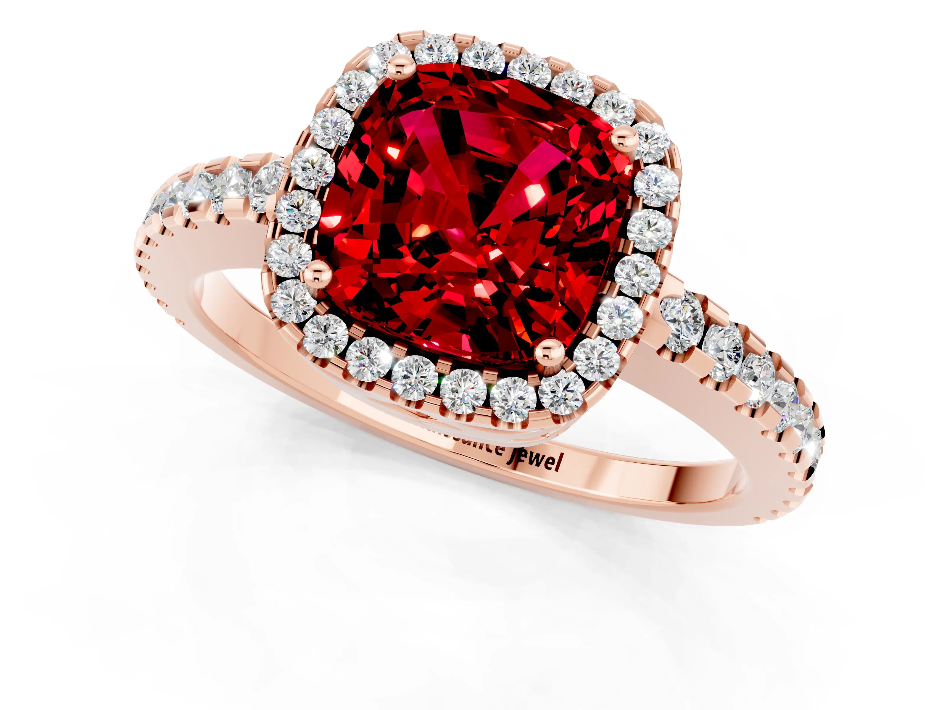 Rose gold Cushion Cut Ruby Halo Engagement Ring with Pavé Band and Prong Setting_13