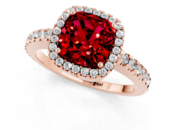 Rose gold Cushion Cut Ruby Halo Engagement Ring with Pavé Band and Prong Setting