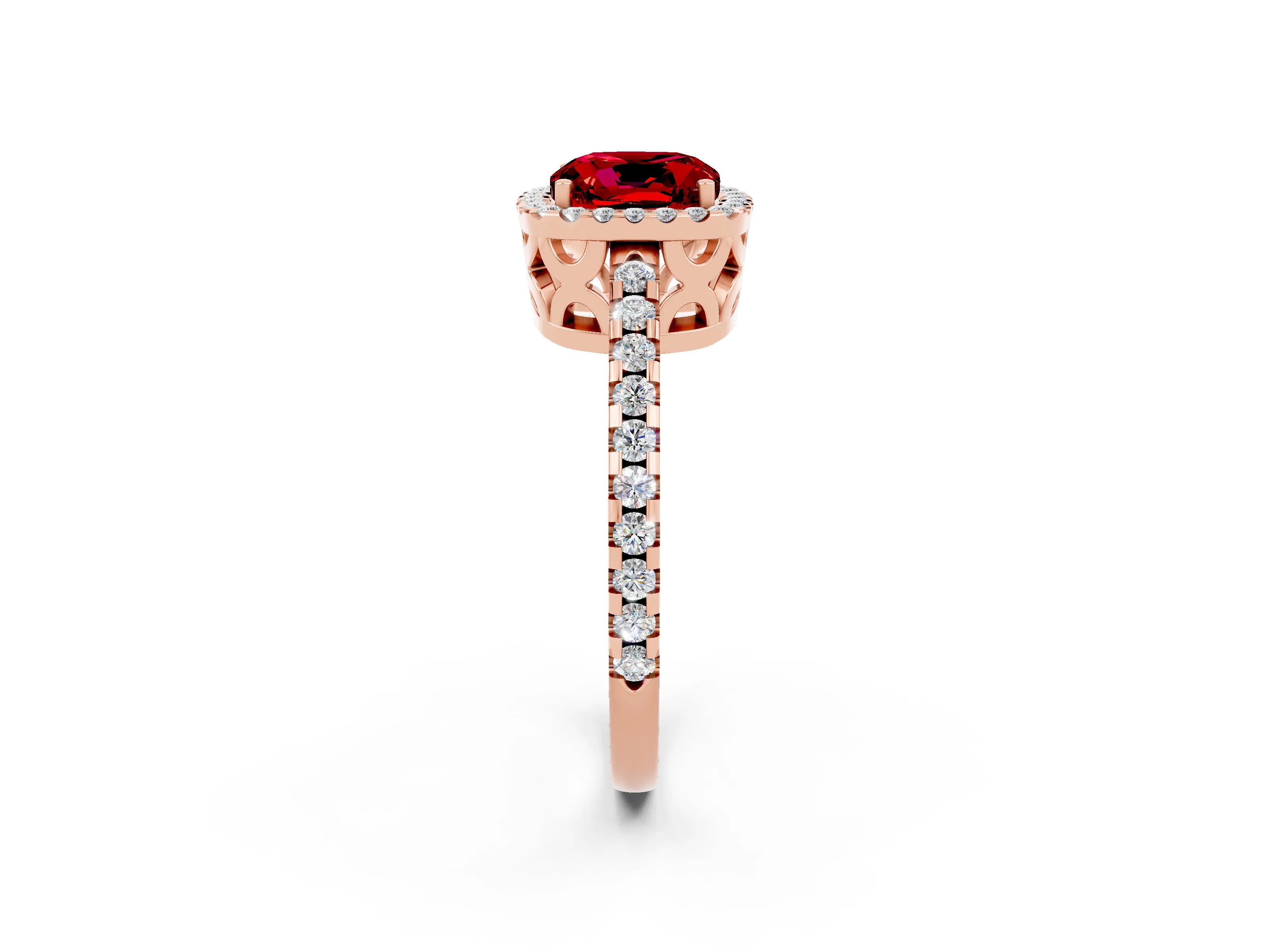 Rose gold Cushion Cut Ruby Halo Engagement Ring with Pavé Band and Prong Setting_14