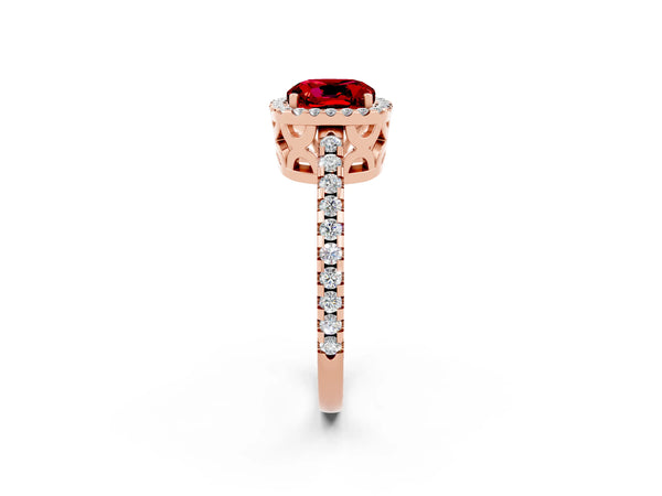 Rose gold Cushion Cut Ruby Halo Engagement Ring with Pavé Band and Prong Setting