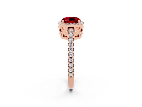 Rose gold Cushion Cut Ruby Halo Engagement Ring with Pavé Band and Prong Setting_14