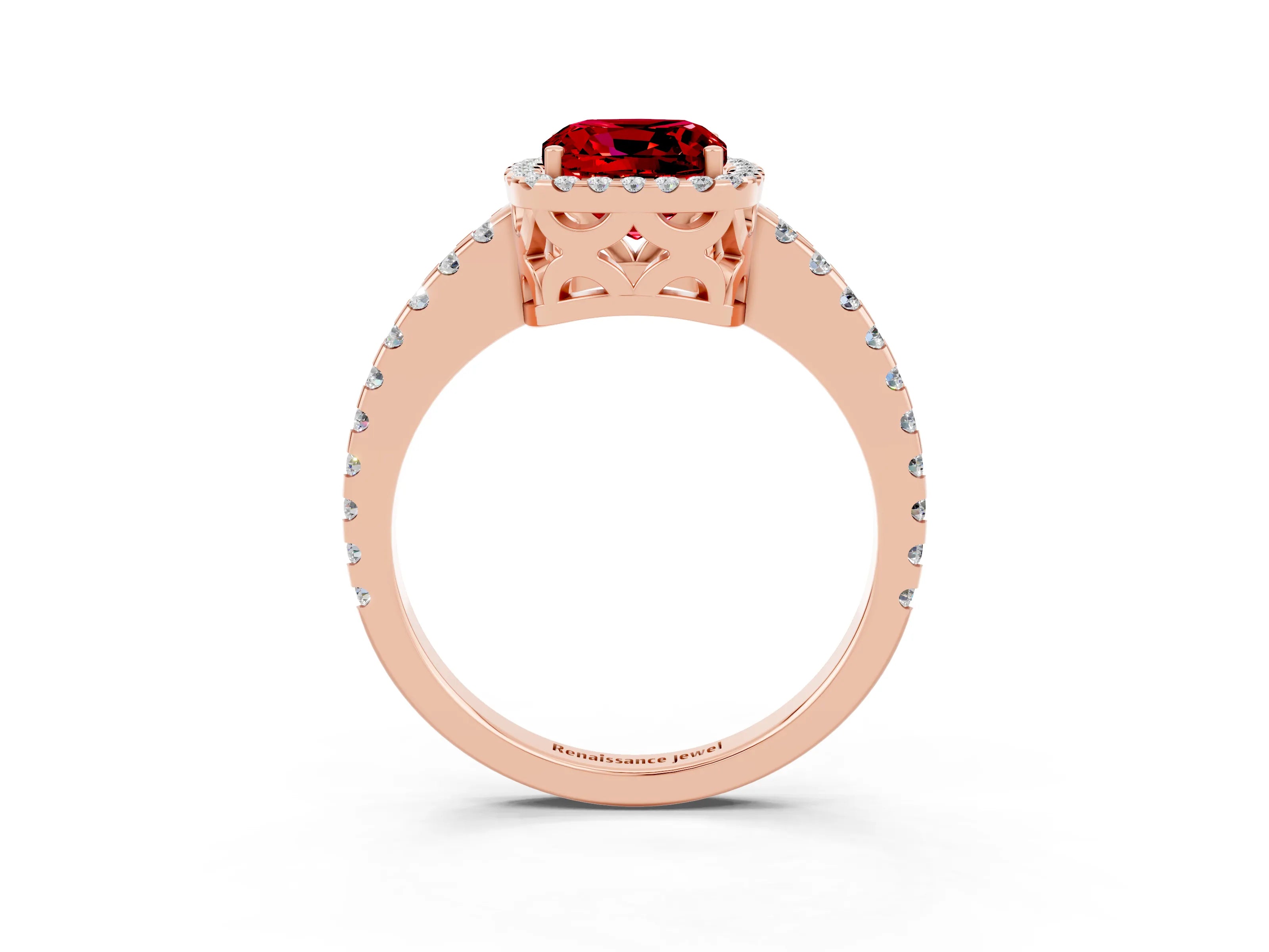 Rose gold Cushion Cut Ruby Halo Engagement Ring with Pavé Band and Prong Setting_15