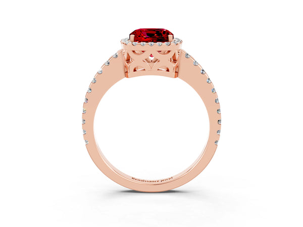 Rose gold Cushion Cut Ruby Halo Engagement Ring with Pavé Band and Prong Setting