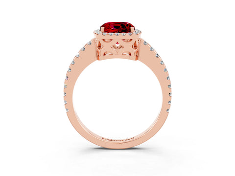 Rose gold Cushion Cut Ruby Halo Engagement Ring with Pavé Band and Prong Setting_15