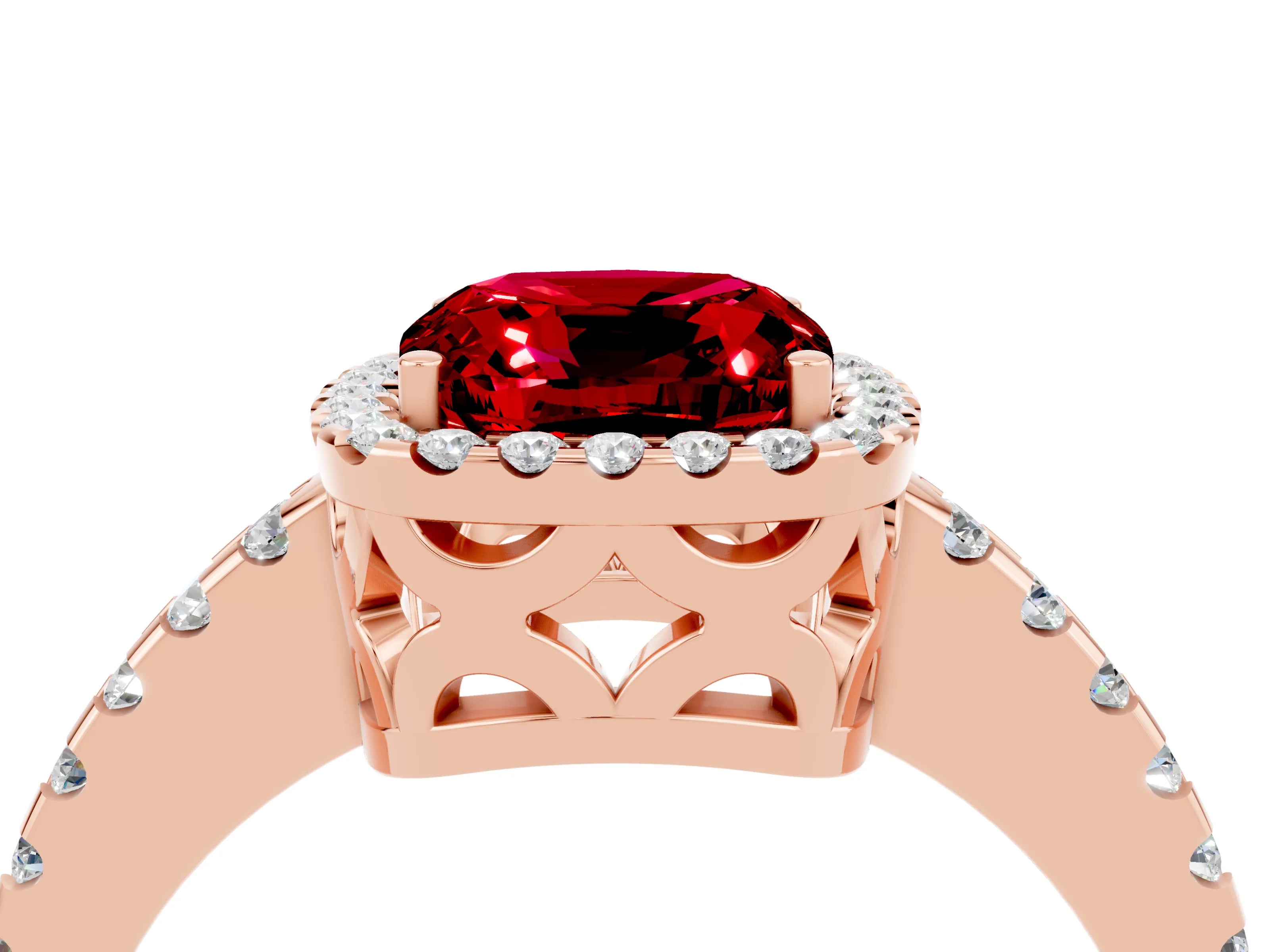 Rose gold Cushion Cut Ruby Halo Engagement Ring with Pavé Band and Prong Setting_16
