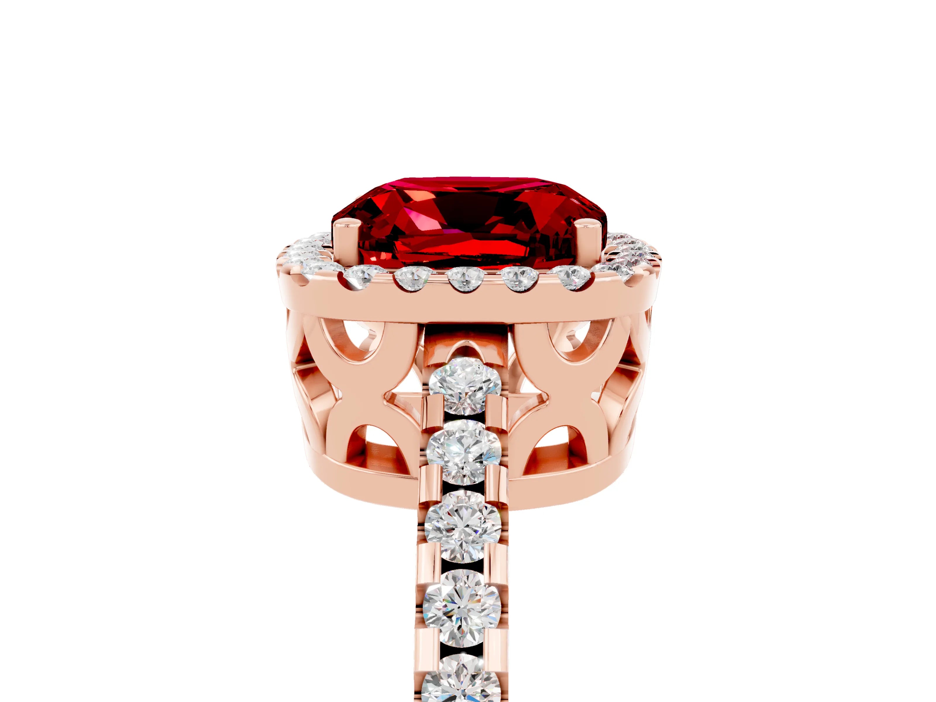 Rose gold Cushion Cut Ruby Halo Engagement Ring with Pavé Band and Prong Setting_17