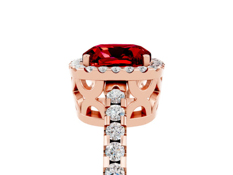 Rose gold Cushion Cut Ruby Halo Engagement Ring with Pavé Band and Prong Setting_17