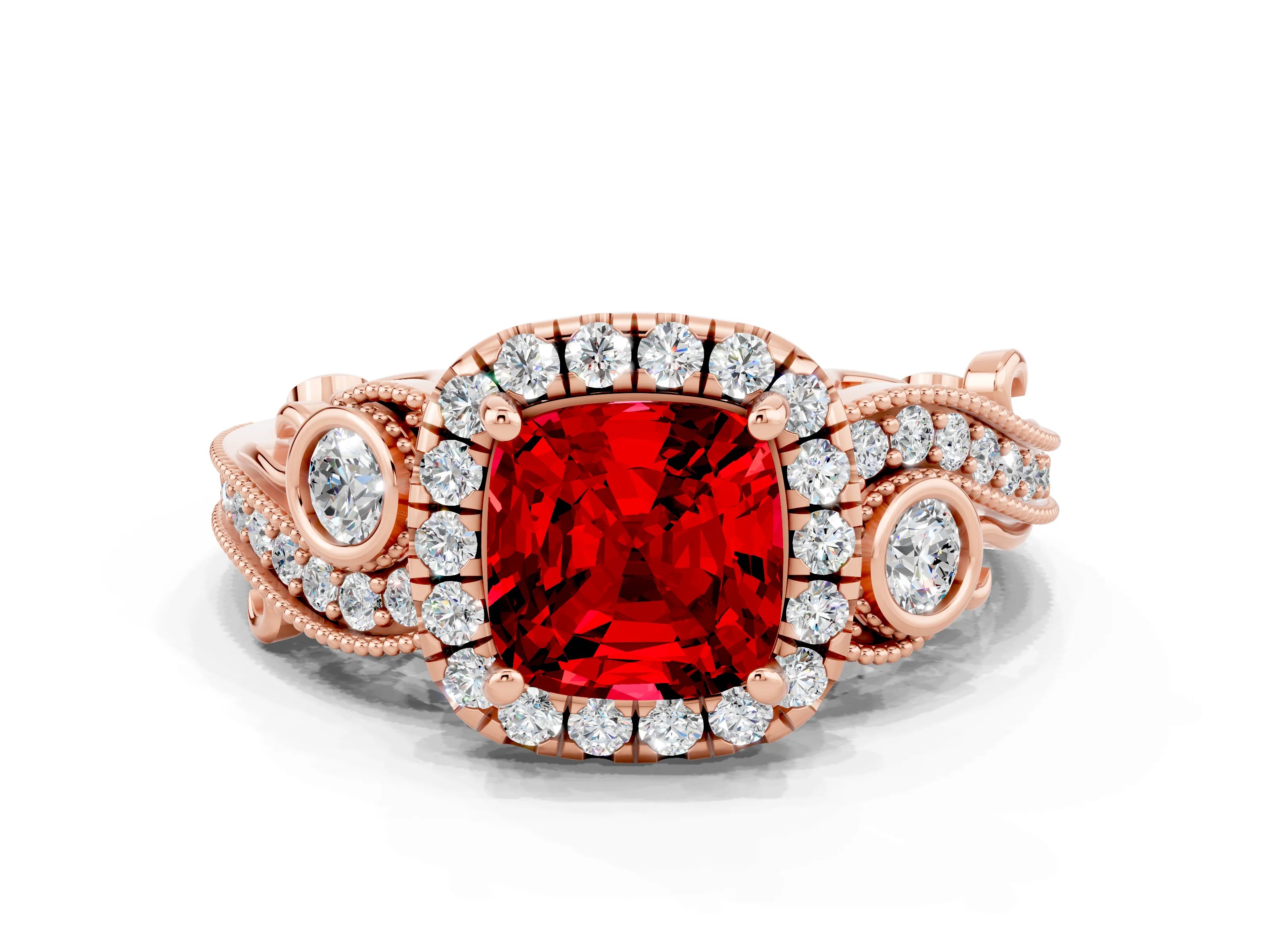 Rose gold Cushion Cut Ruby Halo Ring with Milgrain Pavé Band and Four-Prong Setting_12