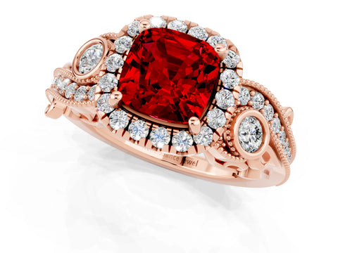 Rose gold Cushion Cut Ruby Halo Ring with Milgrain Pavé Band and Four-Prong Setting_13