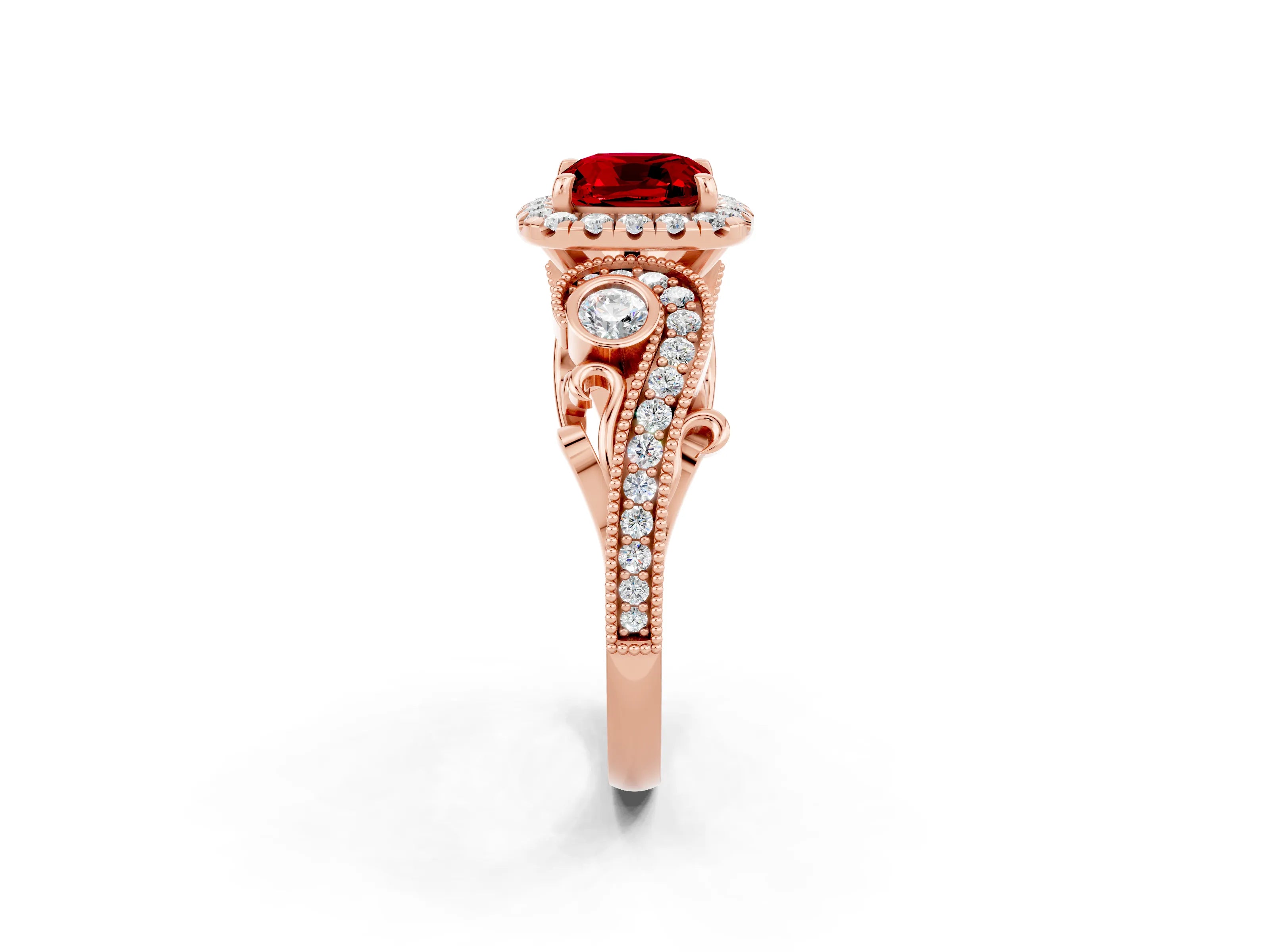 Rose gold Cushion Cut Ruby Halo Ring with Milgrain Pavé Band and Four-Prong Setting_14