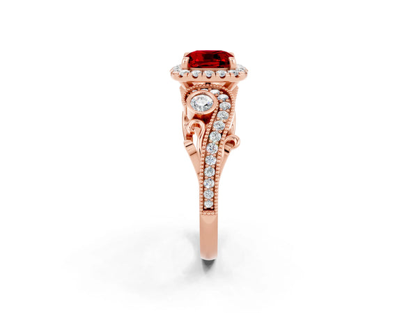 Rose gold Cushion Cut Ruby Halo Ring with Milgrain Pavé Band and Four-Prong Setting