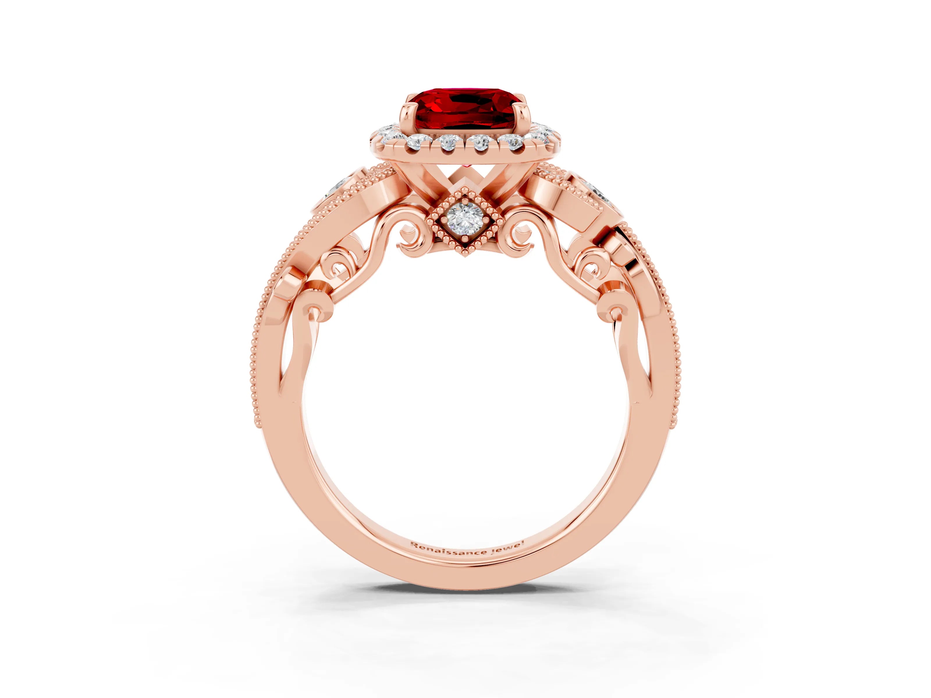 Rose gold Cushion Cut Ruby Halo Ring with Milgrain Pavé Band and Four-Prong Setting_15