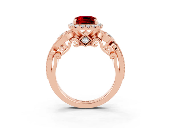 Rose gold Cushion Cut Ruby Halo Ring with Milgrain Pavé Band and Four-Prong Setting