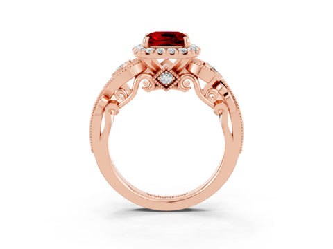 Rose gold Cushion Cut Ruby Halo Ring with Milgrain Pavé Band and Four-Prong Setting_15