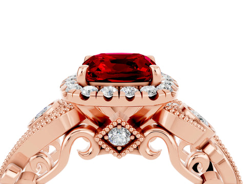 Rose gold Cushion Cut Ruby Halo Ring with Milgrain Pavé Band and Four-Prong Setting_16