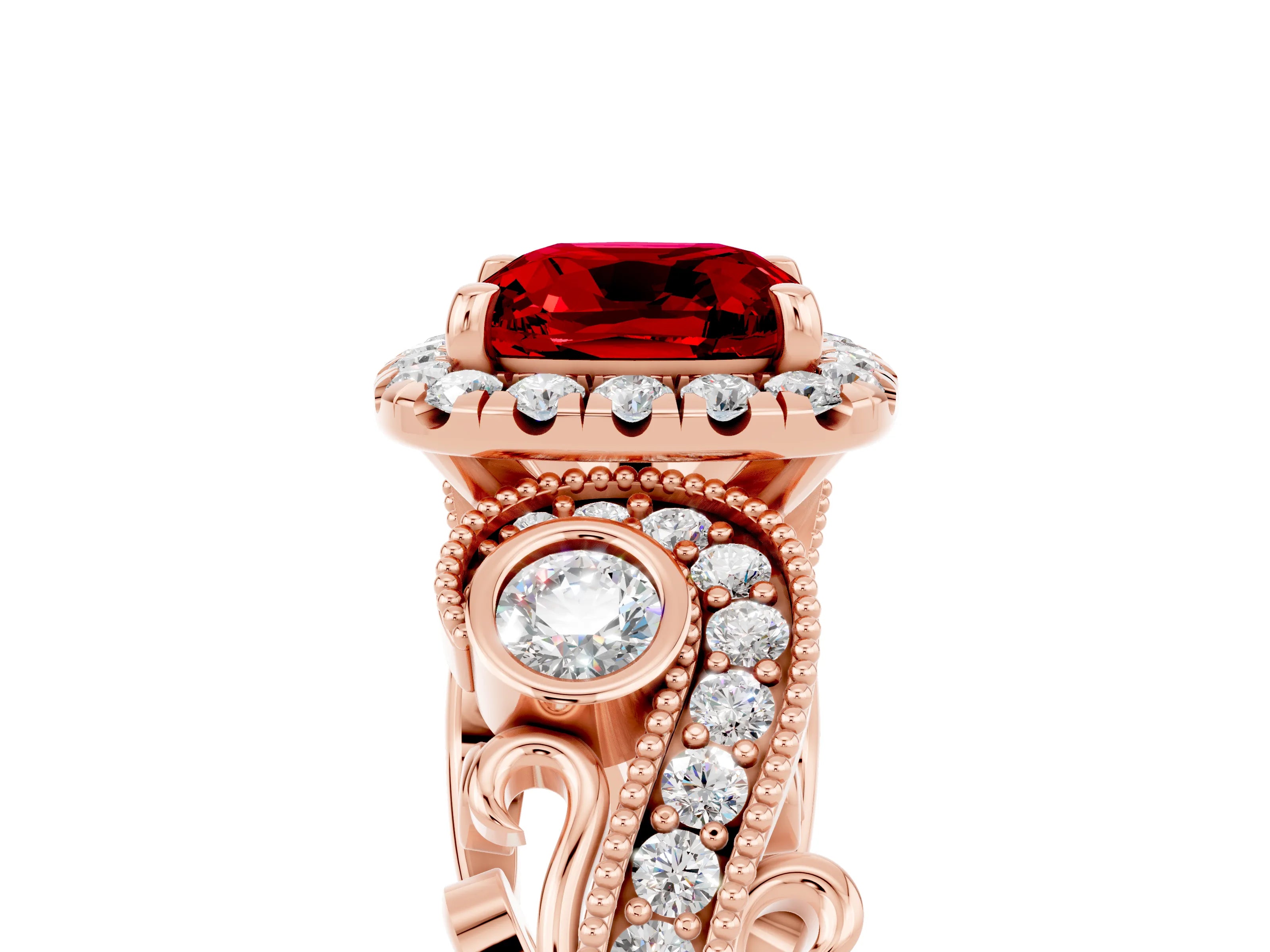 Rose gold Cushion Cut Ruby Halo Ring with Milgrain Pavé Band and Four-Prong Setting_17