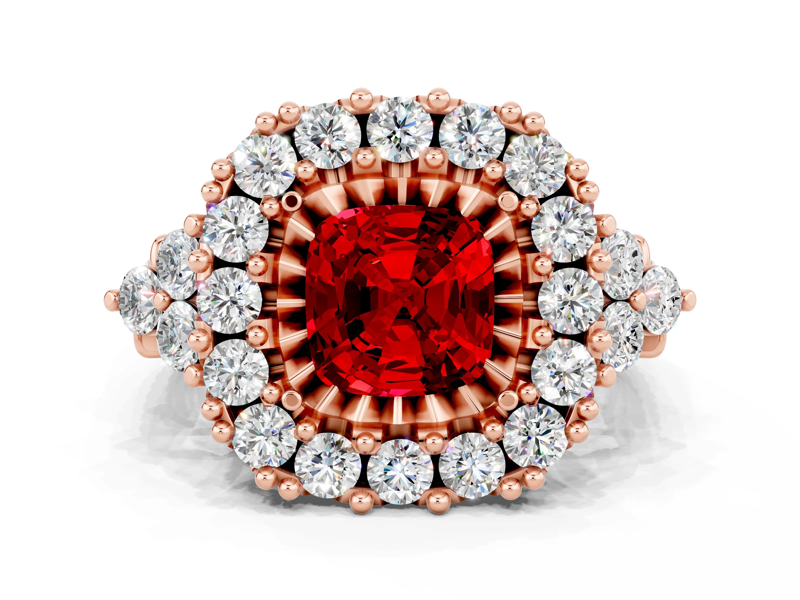 Rose gold Cushion Cut Ruby Halo Ring with Pavé Band and Four-Prong Setting_12