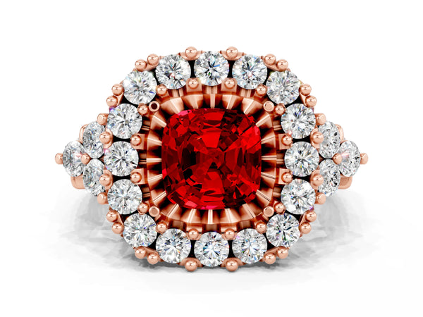 Rose gold Cushion Cut Ruby Halo Ring with Pavé Band and Four-Prong Setting
