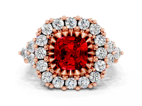 Rose gold Cushion Cut Ruby Halo Ring with Pavé Band and Four-Prong Setting_12