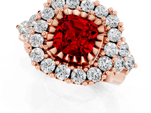 Rose gold Cushion Cut Ruby Halo Ring with Pavé Band and Four-Prong Setting