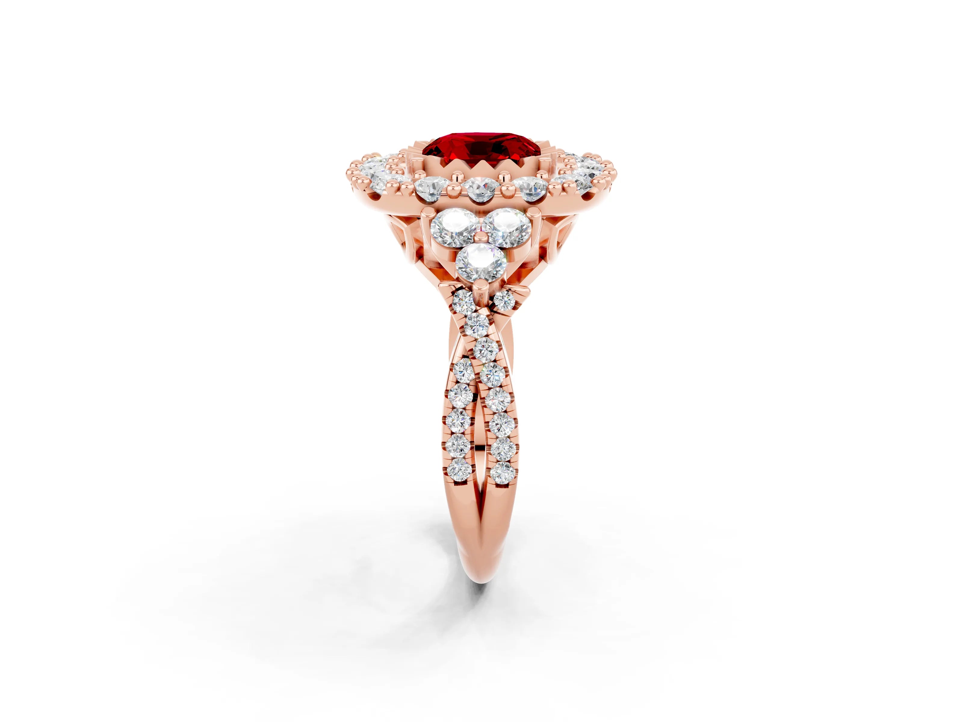 Rose gold Cushion Cut Ruby Halo Ring with Pavé Band and Four-Prong Setting_14