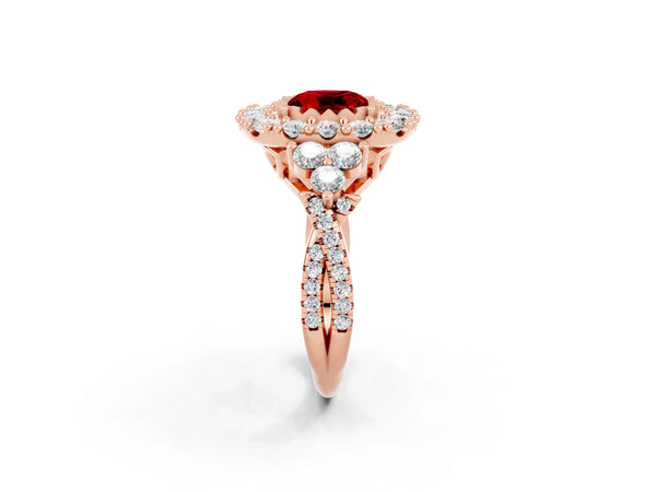 Rose gold Cushion Cut Ruby Halo Ring with Pavé Band and Four-Prong Setting
