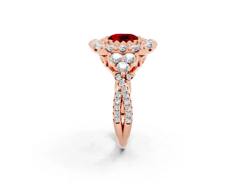 Rose gold Cushion Cut Ruby Halo Ring with Pavé Band and Four-Prong Setting_14