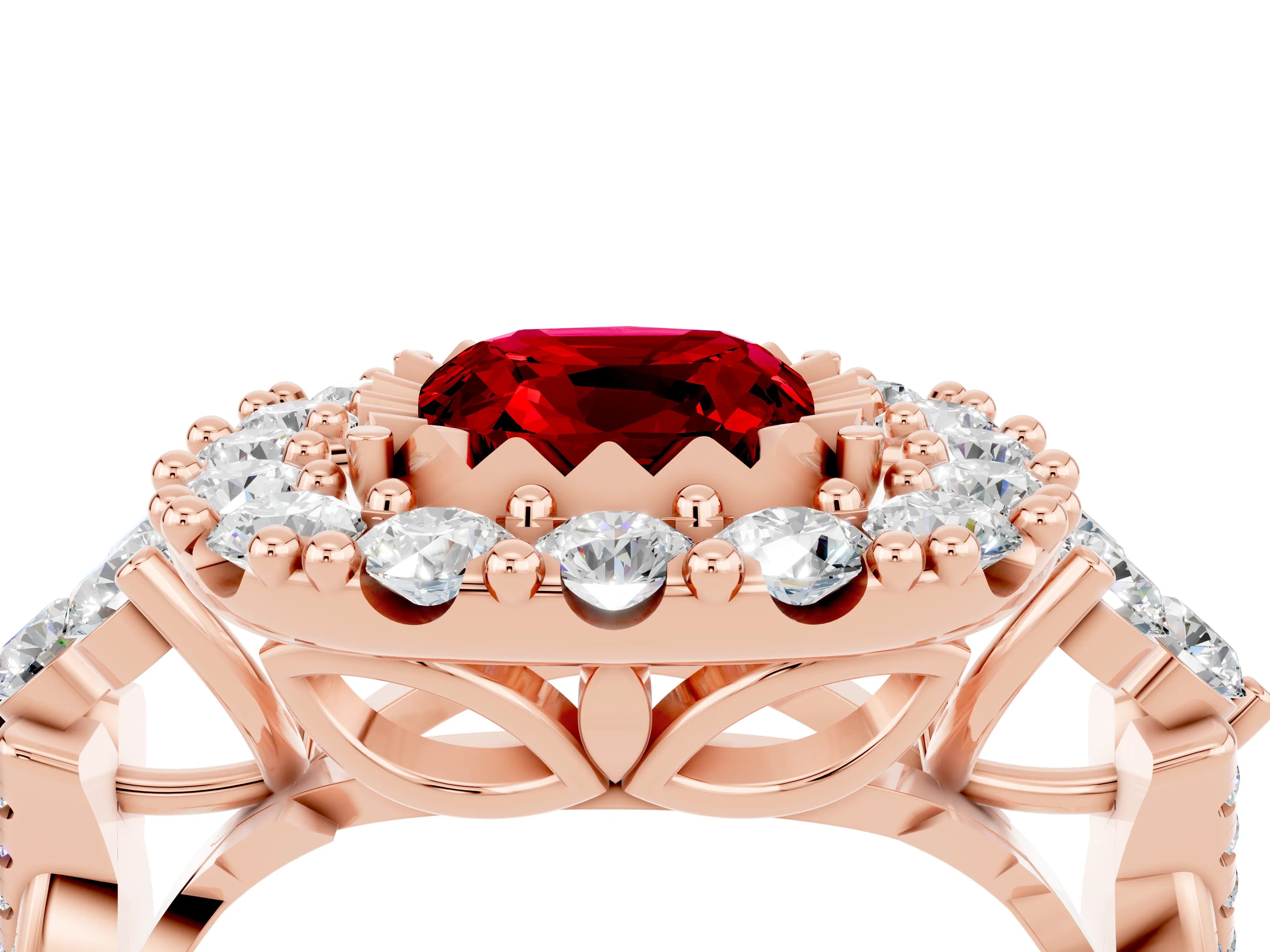 Rose gold Cushion Cut Ruby Halo Ring with Pavé Band and Four-Prong Setting_16