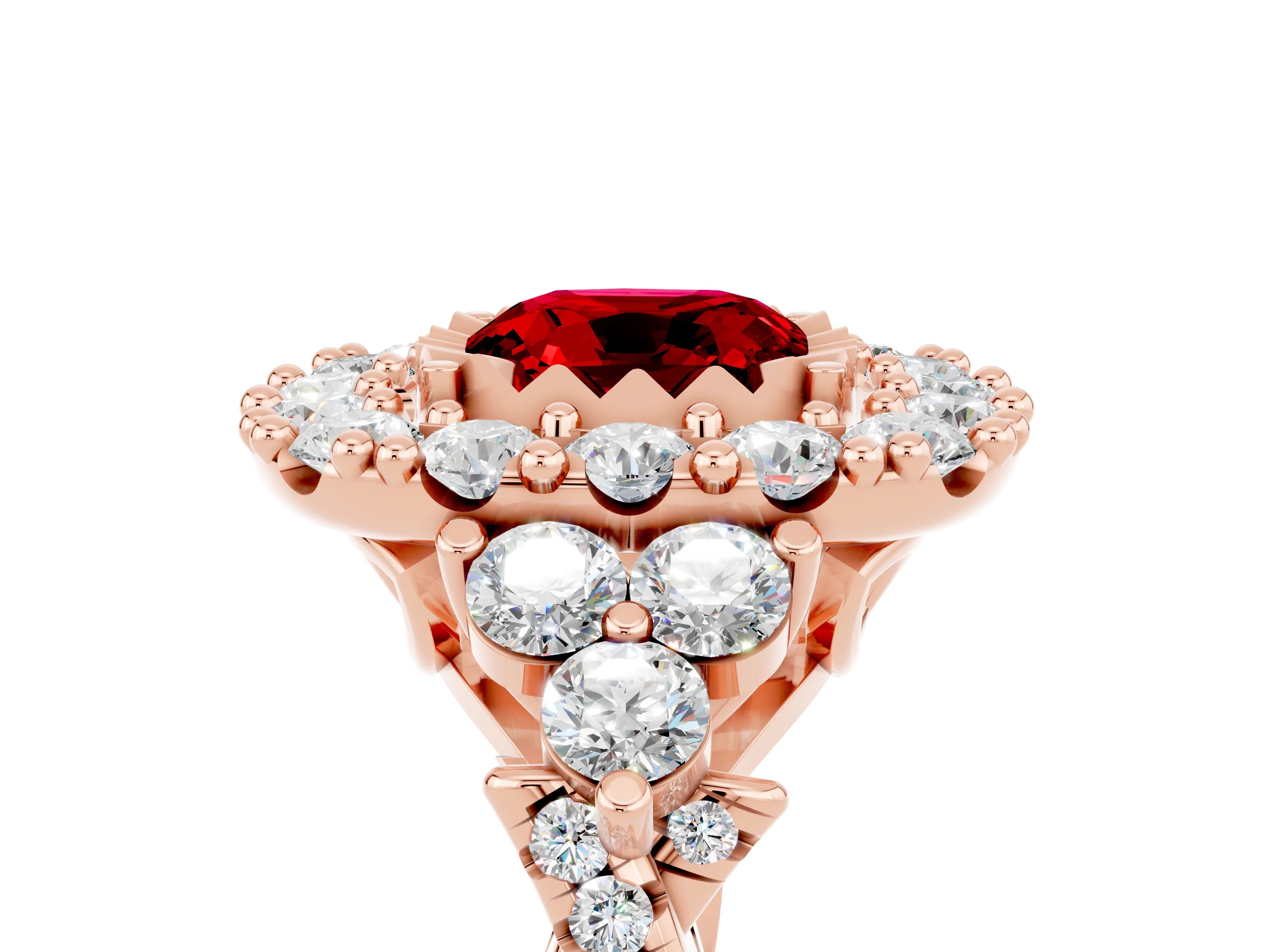 Rose gold Cushion Cut Ruby Halo Ring with Pavé Band and Four-Prong Setting_17