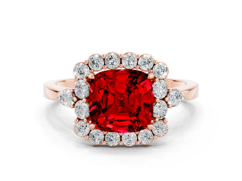 Rose gold Cushion Cut Ruby Halo Ring with Pear Side Stones and Prong Setting_12