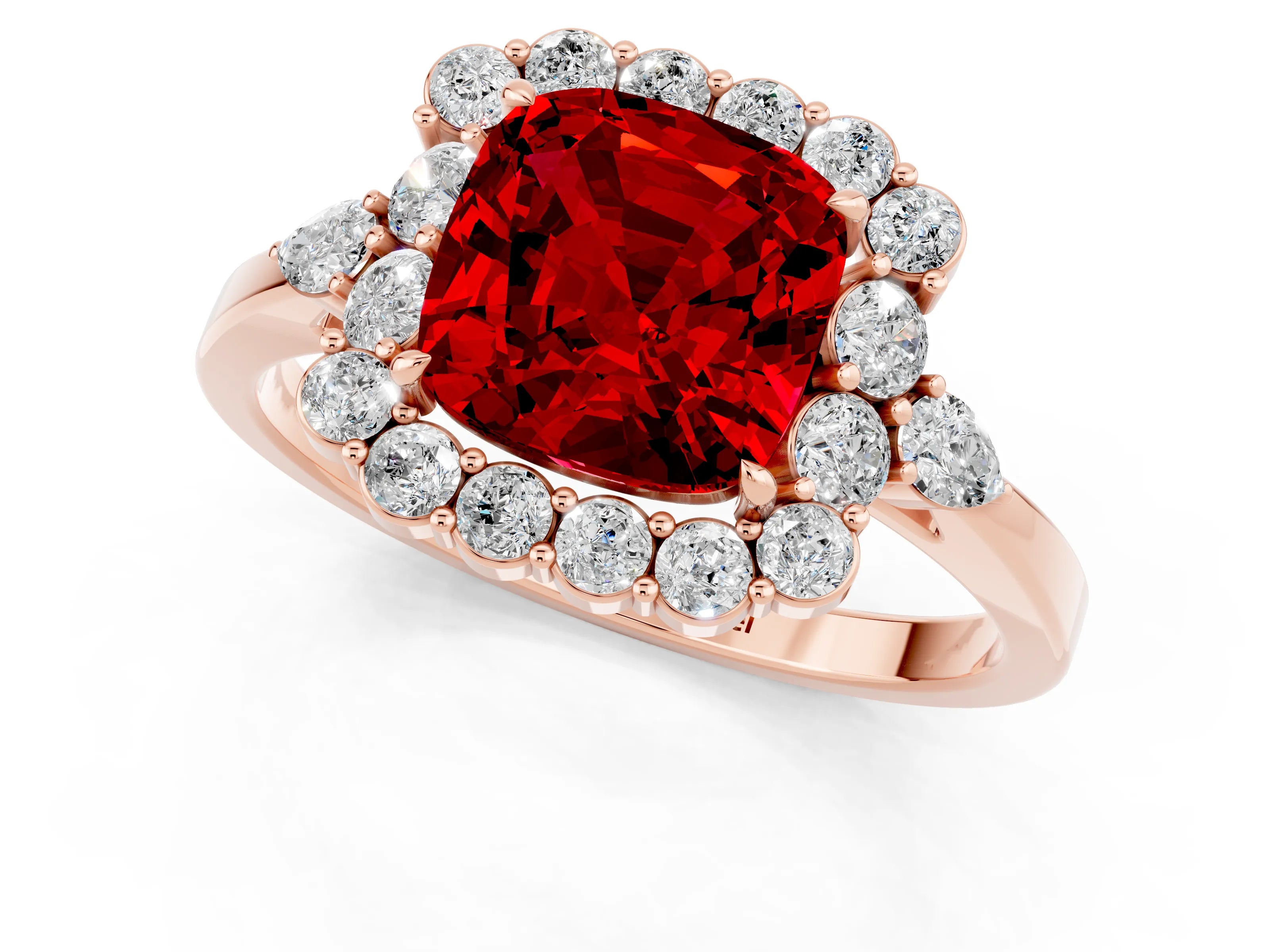 Rose gold Cushion Cut Ruby Halo Ring with Pear Side Stones and Prong Setting_13