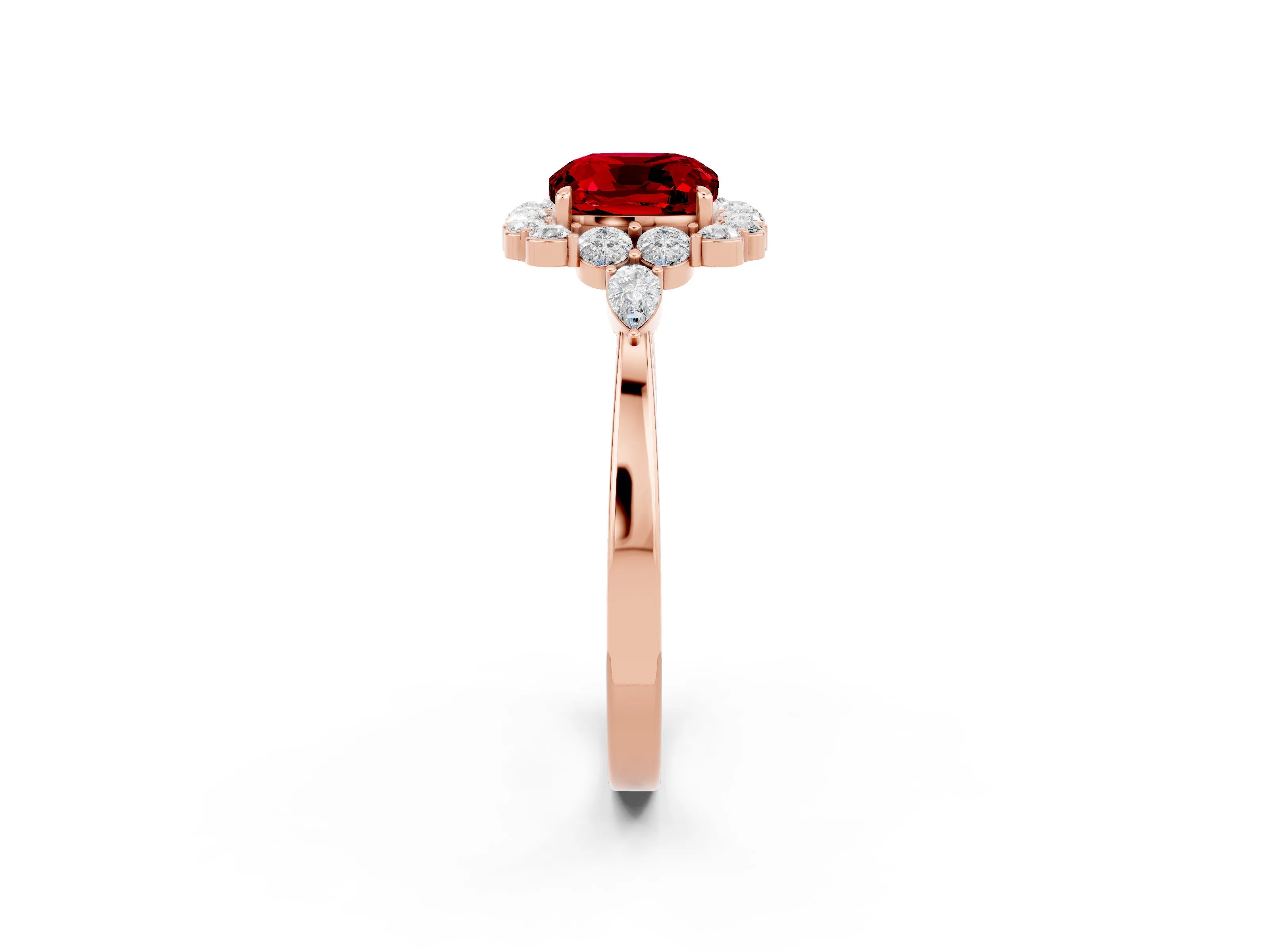 Rose gold Cushion Cut Ruby Halo Ring with Pear Side Stones and Prong Setting_14
