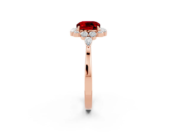 Rose gold Cushion Cut Ruby Halo Ring with Pear Side Stones and Prong Setting