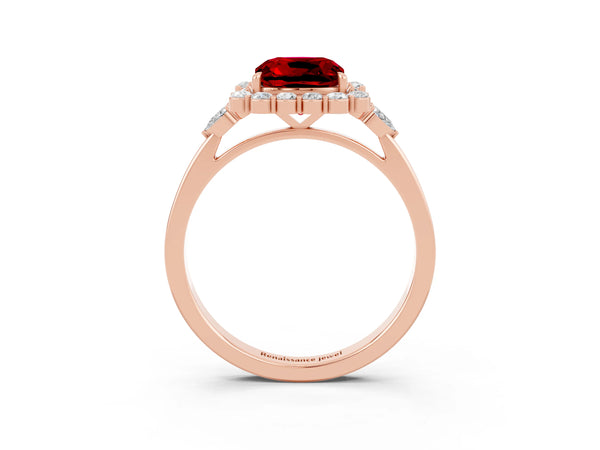 Rose gold Cushion Cut Ruby Halo Ring with Pear Side Stones and Prong Setting