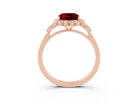 Rose gold Cushion Cut Ruby Halo Ring with Pear Side Stones and Prong Setting_15