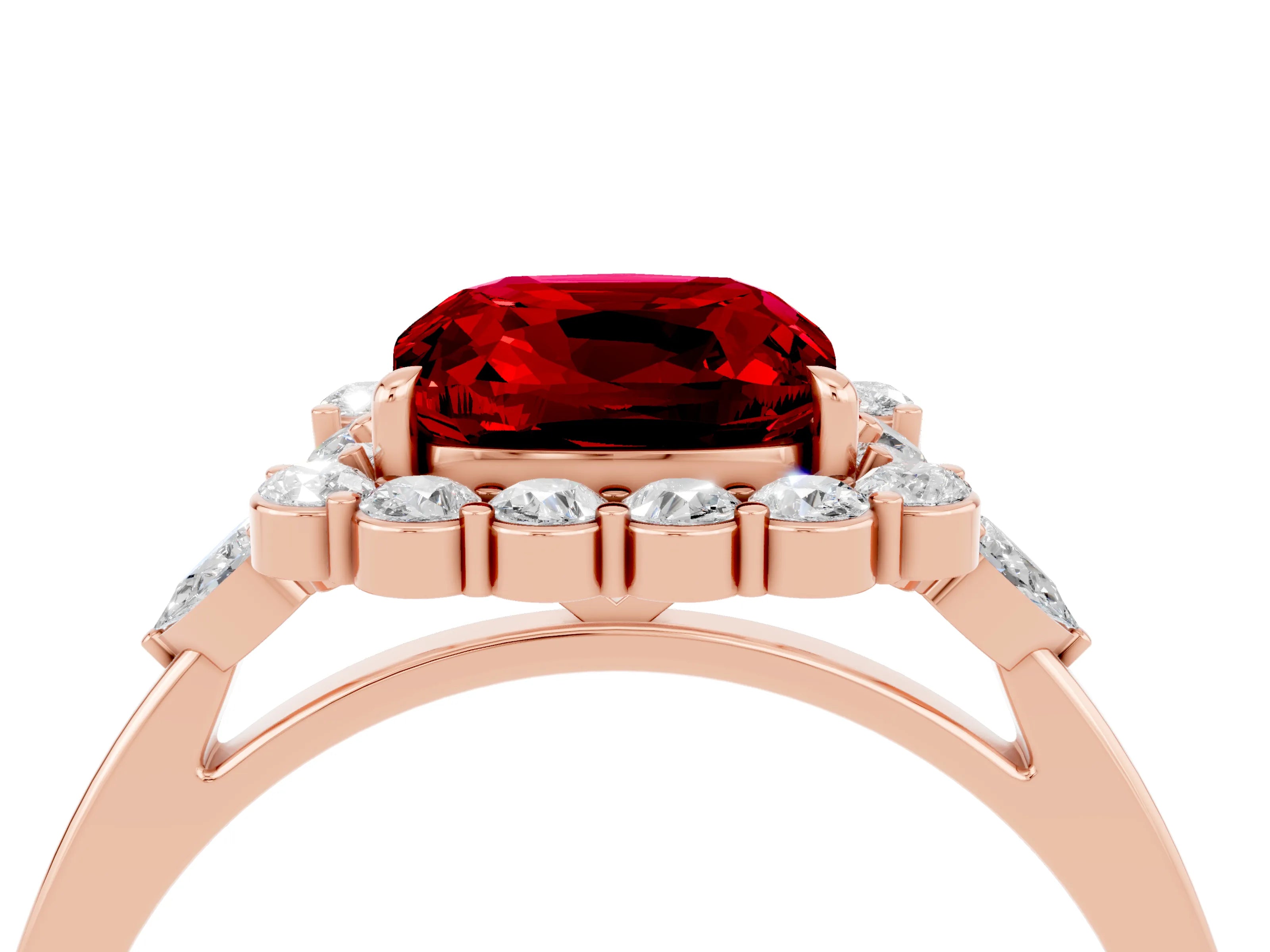 Rose gold Cushion Cut Ruby Halo Ring with Pear Side Stones and Prong Setting_16