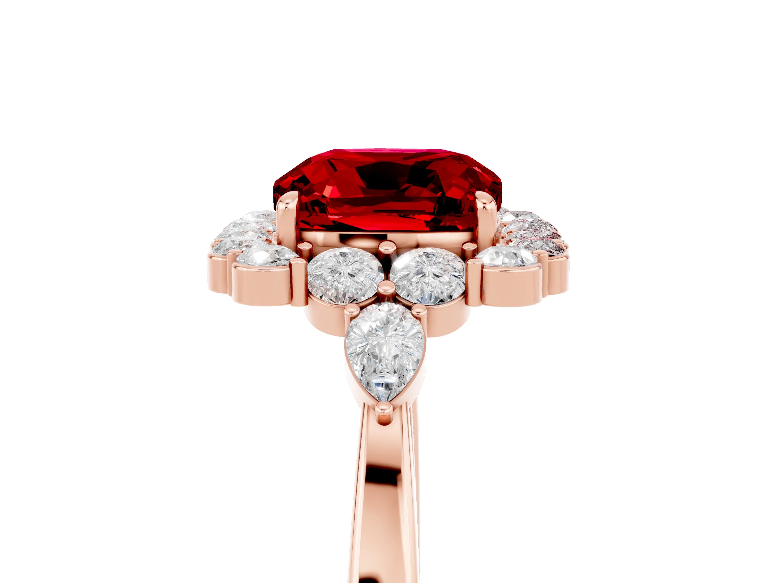 Rose gold Cushion Cut Ruby Halo Ring with Pear Side Stones and Prong Setting_17