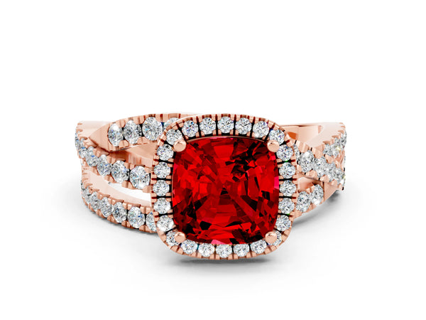 Rose gold Cushion Cut Ruby Halo Ring with Round Split Shank and Prong Setting