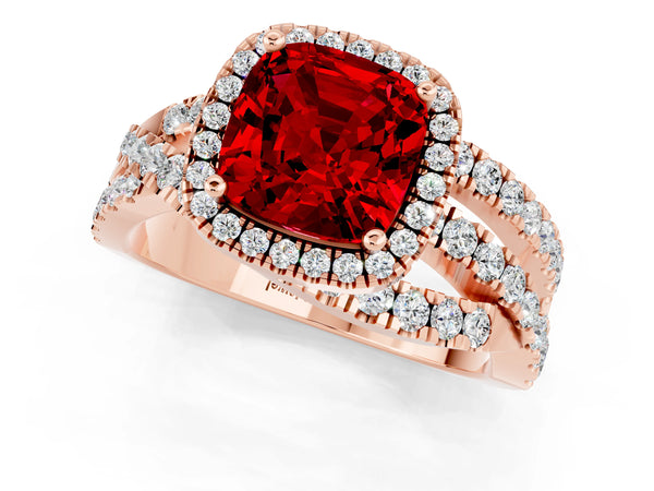 Rose gold Cushion Cut Ruby Halo Ring with Round Split Shank and Prong Setting