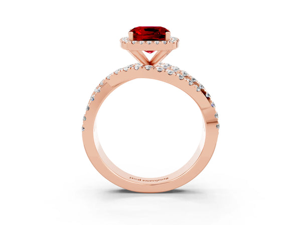 Rose gold Cushion Cut Ruby Halo Ring with Round Split Shank and Prong Setting