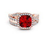 Rose gold Cushion Cut Ruby Halo Ring with Round Split Shank and Prong Setting_48