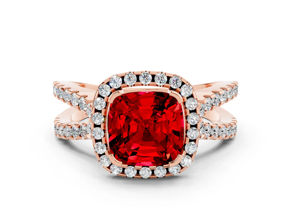 Rose gold Cushion Cut Ruby Halo Ring with Split Shank Pavé Band and Prong Setting