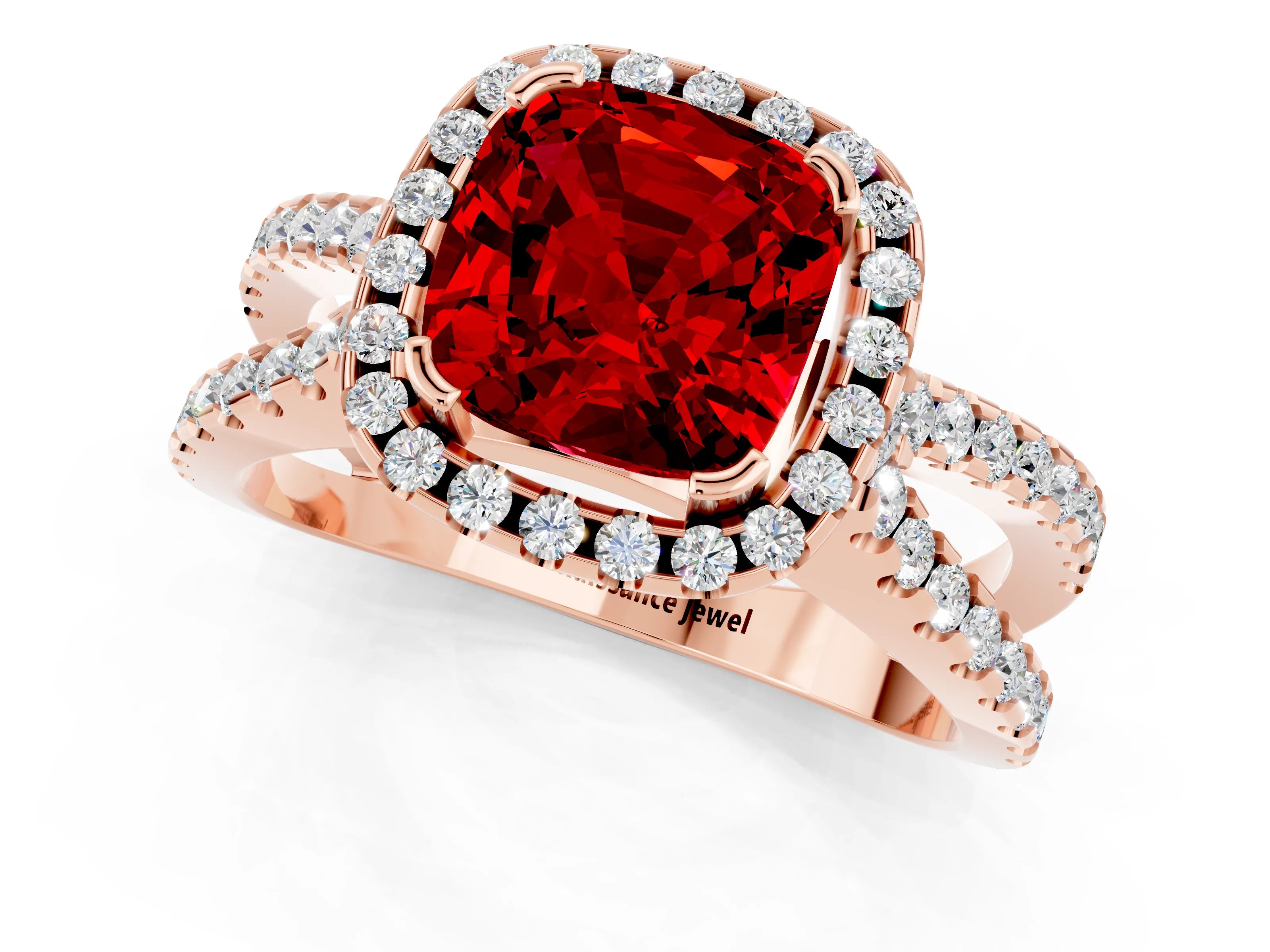 Rose gold Cushion Cut Ruby Halo Ring with Split Shank Pavé Band and Prong Setting_1