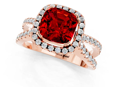 Rose gold Cushion Cut Ruby Halo Ring with Split Shank Pavé Band and Prong Setting_1