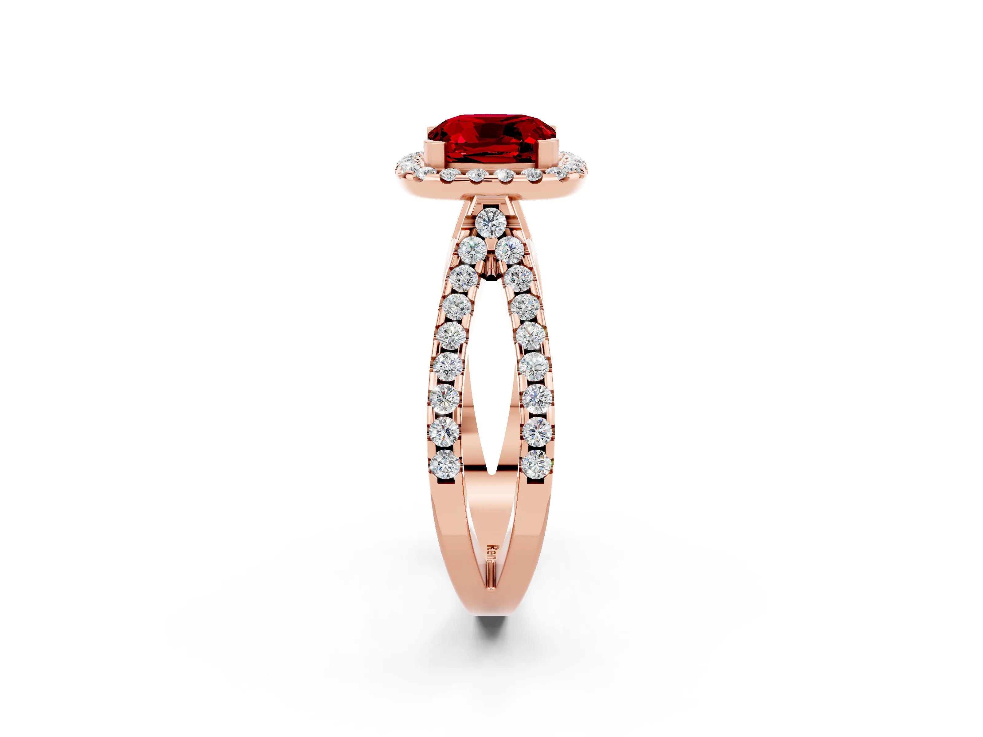 Rose gold Cushion Cut Ruby Halo Ring with Split Shank Pavé Band and Prong Setting_2