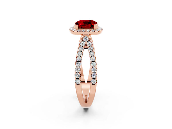 Rose gold Cushion Cut Ruby Halo Ring with Split Shank Pavé Band and Prong Setting