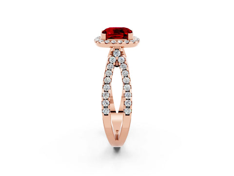 Rose gold Cushion Cut Ruby Halo Ring with Split Shank Pavé Band and Prong Setting_2