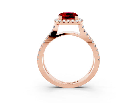 Rose gold Cushion Cut Ruby Halo Ring with Split Shank Pavé Band and Prong Setting_3