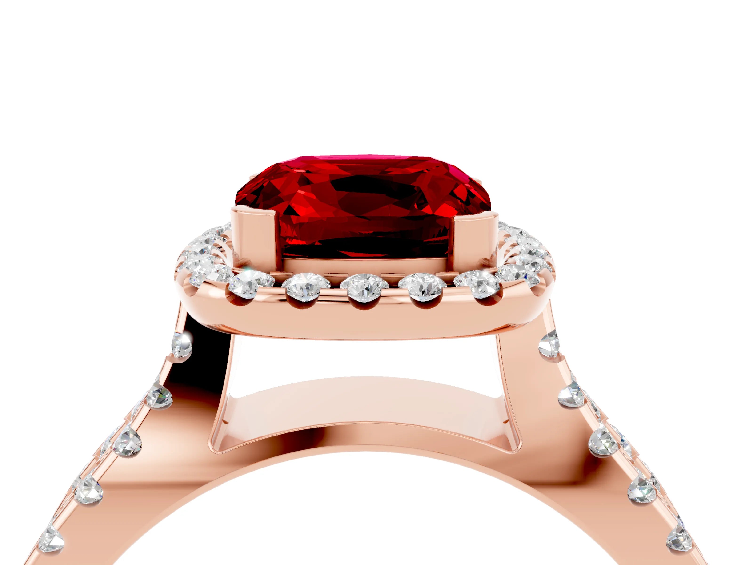 Rose gold Cushion Cut Ruby Halo Ring with Split Shank Pavé Band and Prong Setting_4