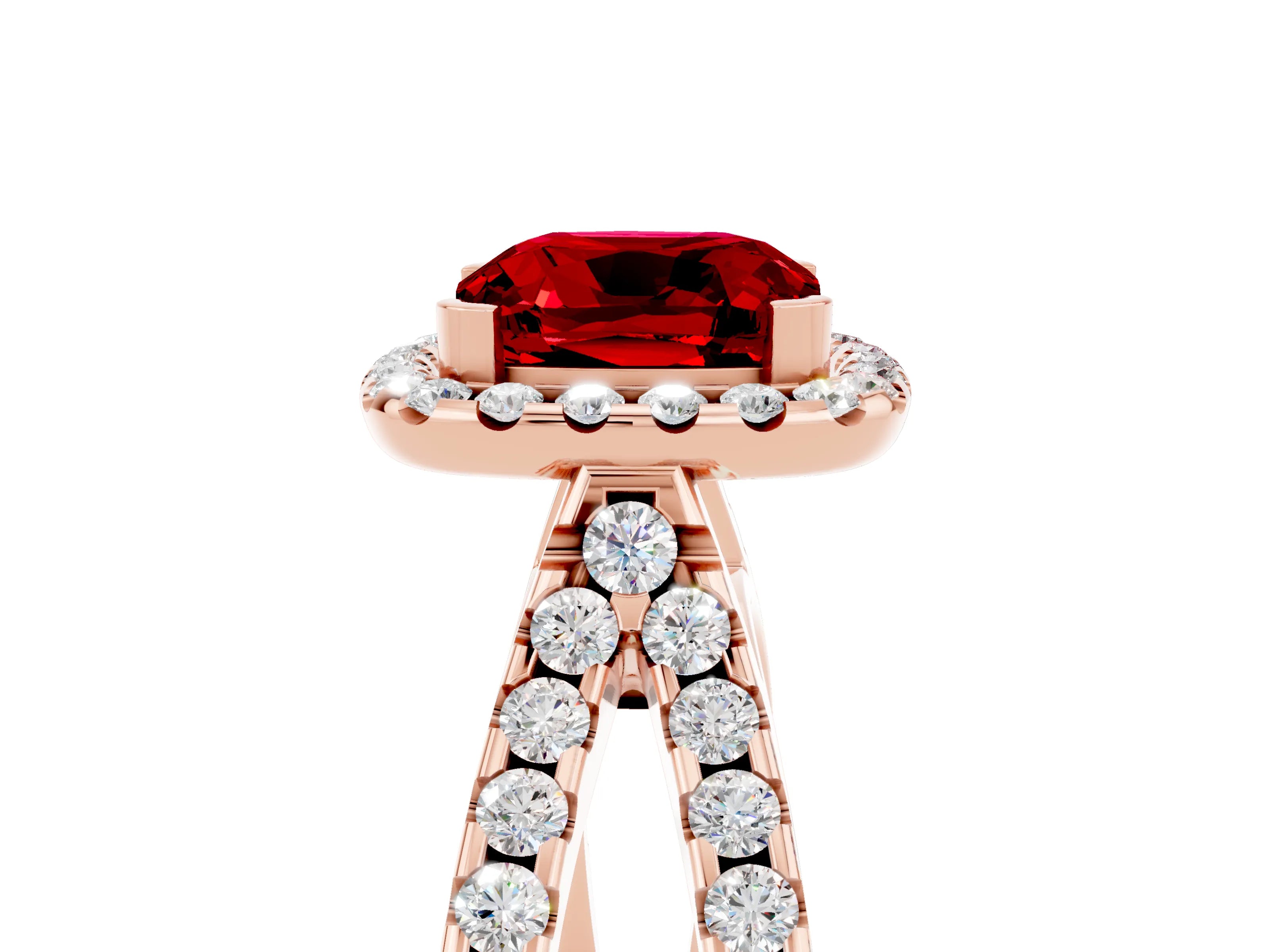 Rose gold Cushion Cut Ruby Halo Ring with Split Shank Pavé Band and Prong Setting_5